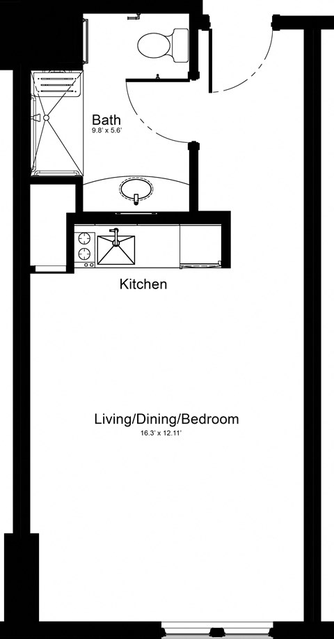 Floor plan for studio, 1 bath, 338 sqft